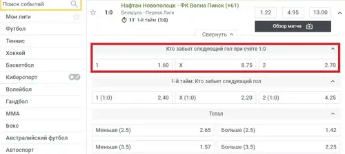 Примеры расчёта ставок на следующий гол